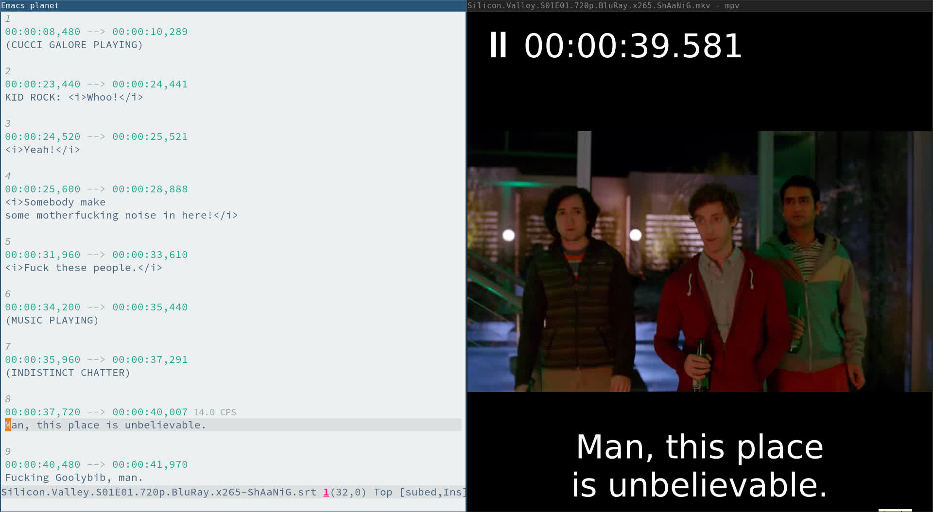 subed and mpv side by side